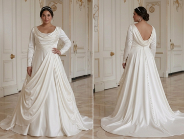 Elegantes Brautkleid für kurvige Braut, weicher, drapierter Satin-Stil