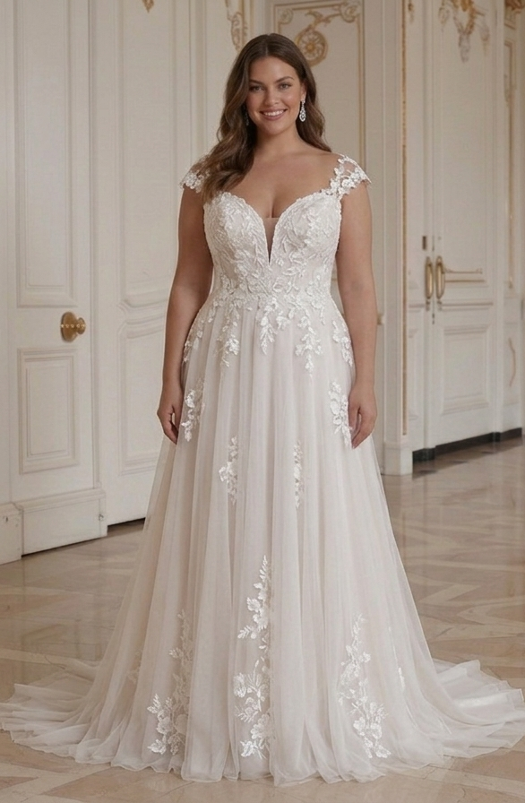 שמלת כלה אלגנטית למידות גדולות בסגנון חתונה רומנטי