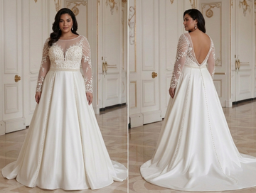 Rochie de mireasă elegantă pentru mireasă mărime mare cu detalii din perle