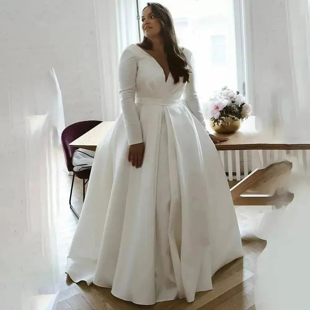 Full Sleeves V-Neck Wedding Dresses Plus Size Simple A-Line Satin Bridal Gowns For Woman Sexy Classic Vestido De Mariages Champagne Plus Size