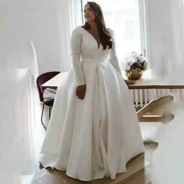 Full Sleeves V-Neck Wedding Dresses Plus Size Simple A-Line Satin Bridal Gowns For Woman Sexy Classic Vestido De Mariages