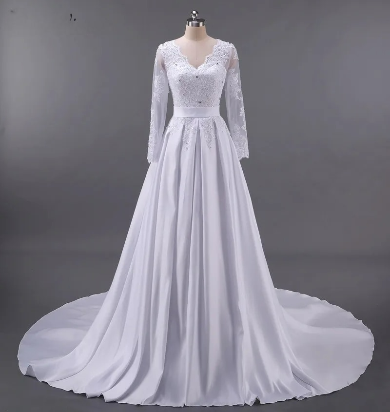 Modest Lace Appliqued A-line Satin Wedding Dress V Neck Sheer Back Long Sleeve For Women Princess Robe de Mariee Customize