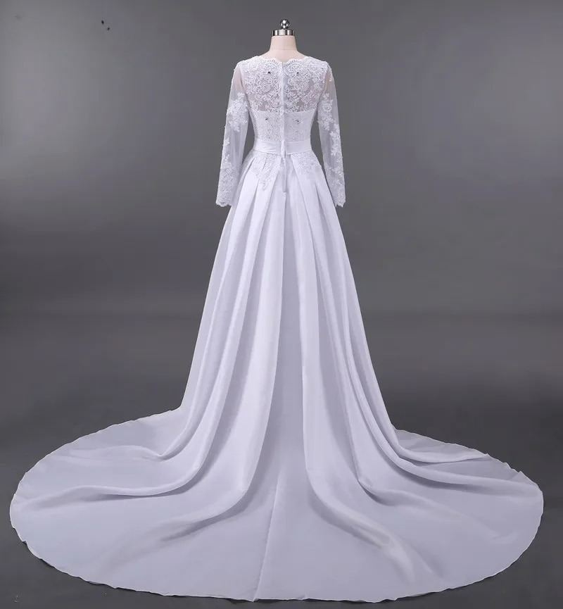 Modest Lace Appliqued A-line Satin Wedding Dress V Neck Sheer Back Long Sleeve For Women Princess Robe de Mariee Customize