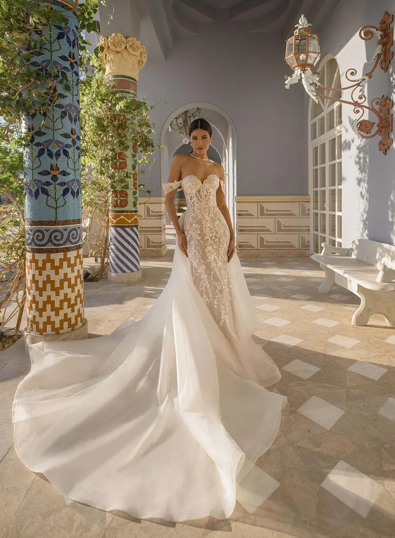 Challoner Elegant Mermaid Wedding Dresses Sweetheart Off The Shoulder Appliques Lace Up Bridal Gowns Detachable Train Vestidos Mermaid