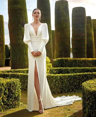 Eleganti abiti da sposa in raso spazzano treno sirena manica lunga scollo a V sexy con abito da sposa da sposa spinto senza schienale