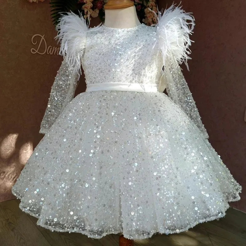 Fashion Baby Girl Princess Sequins Tutu Dress Long Feather Sleeve Child Vestido Wedding Party Birthday Xmas Baby Clothes 1-14Y Sarah Houston