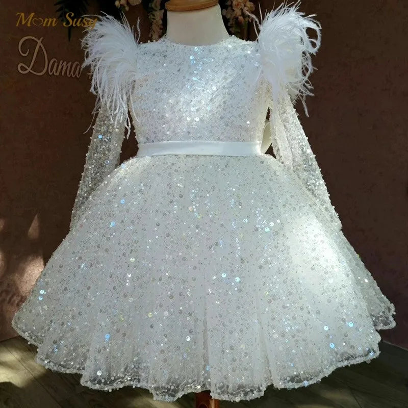 Fashion Baby Girl Princess Sequins Tutu Dress Long Feather Sleeve Child Vestido Wedding Party Birthday Xmas Baby Clothes 1-14Y Sarah Houston