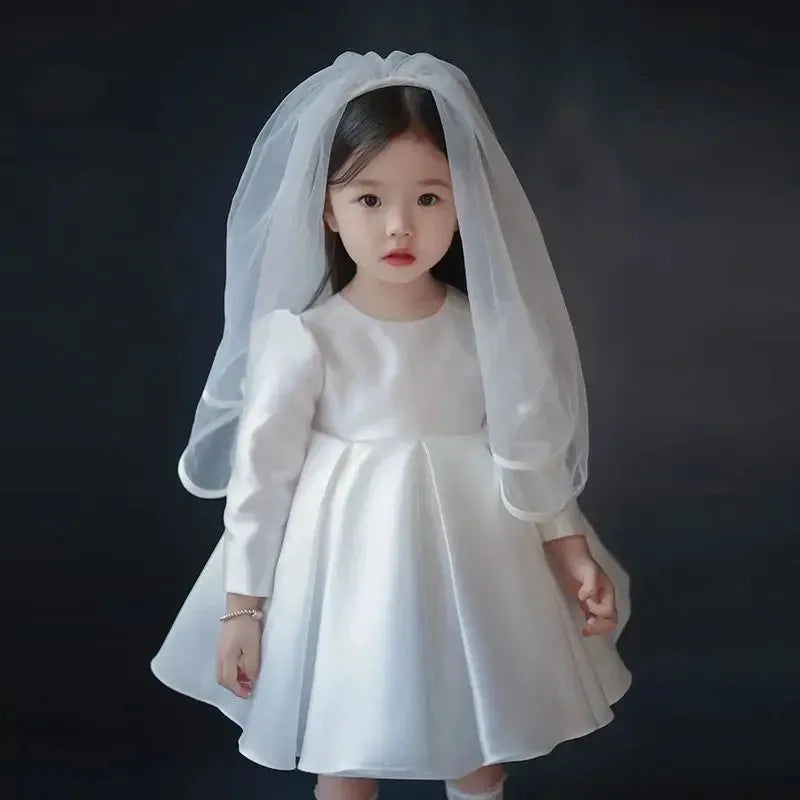 Flower Boy Wedding Short/LongSleeve Little Girl Dress Girls White Round Neck Wedding Dress Children's Birthday Princess Dress