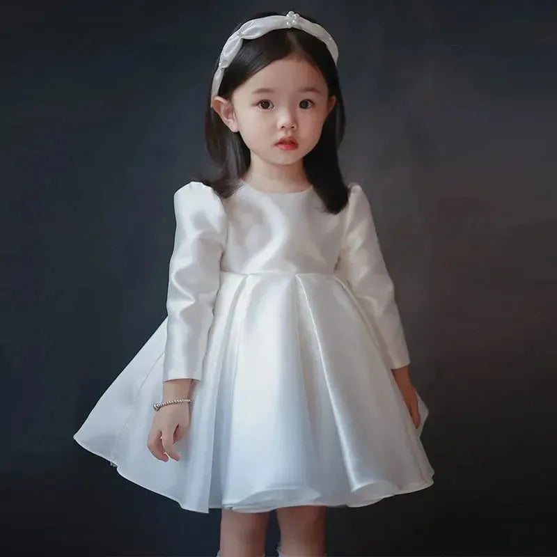 Flower Boy Wedding Short/LongSleeve Little Girl Dress Girls White Round Neck Wedding Dress Children's Birthday Princess Dress