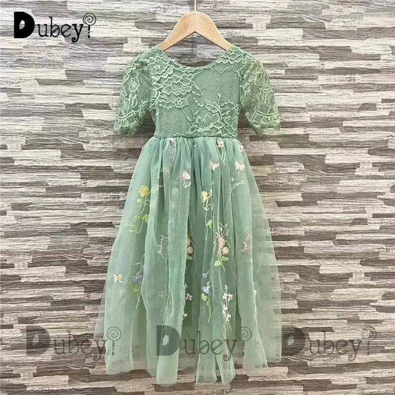 Flower Girls Wedding Party Tulle Gown Elegant Princess Birthday Dress Children Baby Girl Chic Embroidery Lace Prom Costumes
