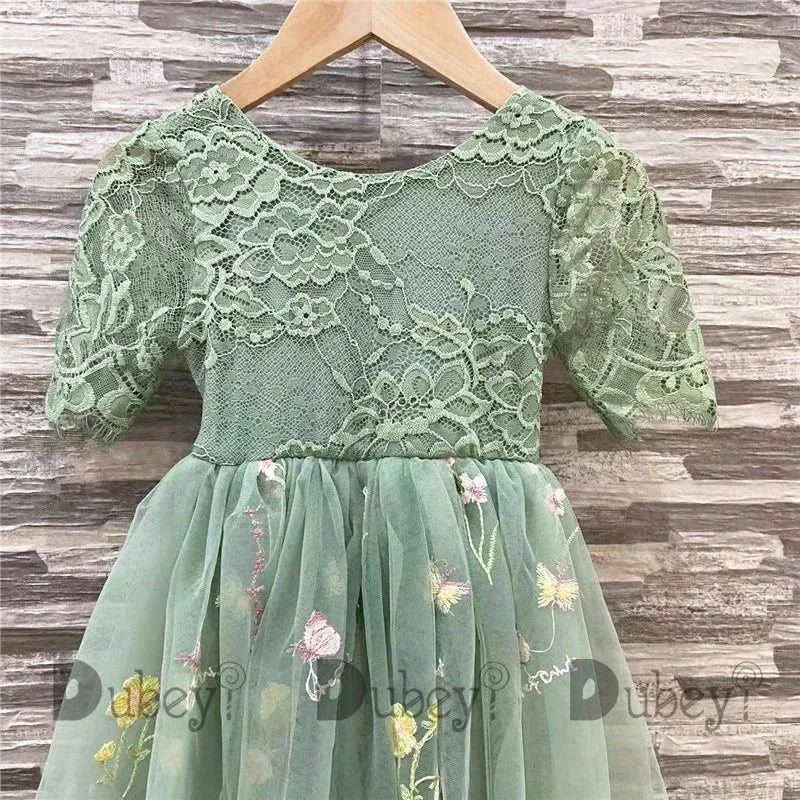 Flower Girls Wedding Party Tulle Gown Elegant Princess Birthday Dress Children Baby Girl Chic Embroidery Lace Prom Costumes