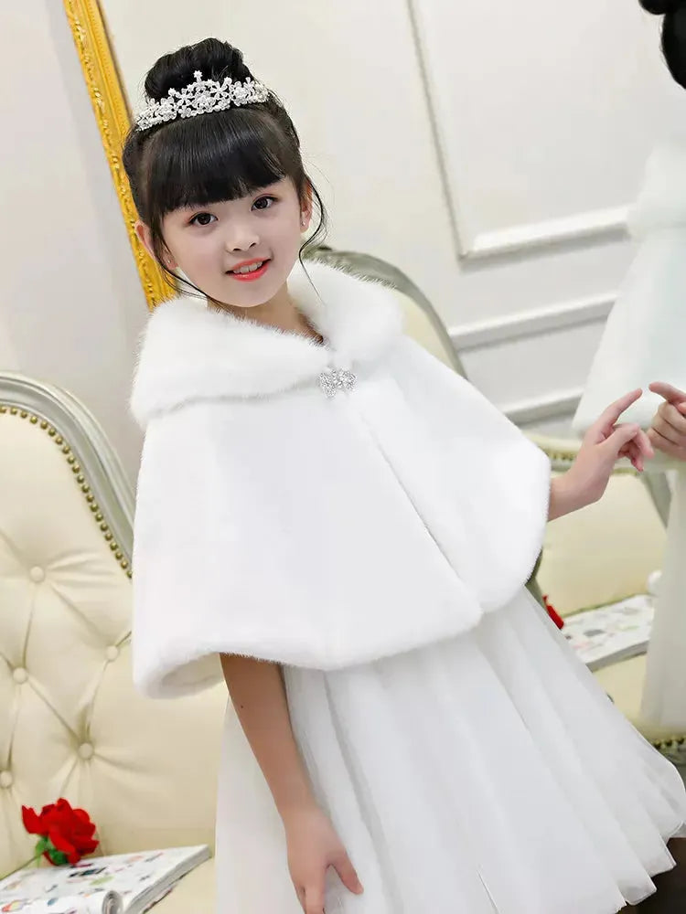 Flower Girls Winter Short Coat Baby Girls Wedding Faux Fur Bolero Girls Party Warm Cloak Cape Kids Shawls Ivory One Size