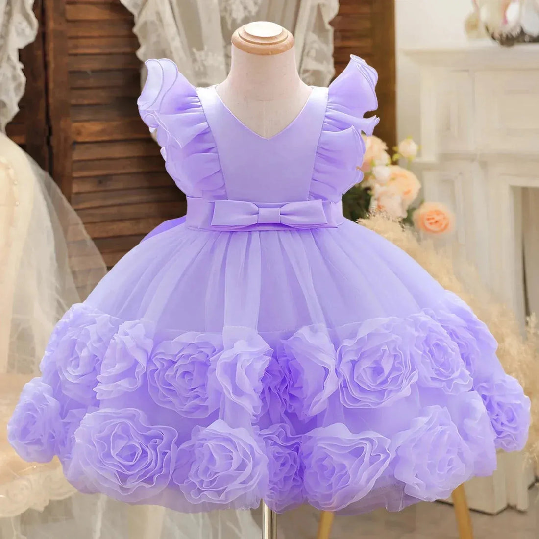 Flower Party Dress For Girls Flying Sleeves Princess Birthday Puffy Dress Baby Girl Baptism Tutu Dresses Children Wedding Gown PINK