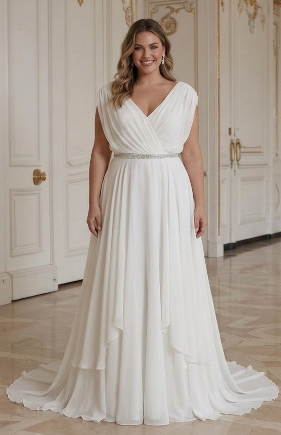 Luchtige chiffon trouwjurk voor plus size bruid zomerse bruidsstijl