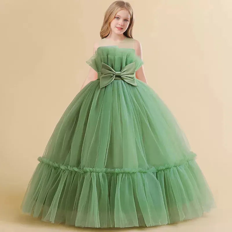 Formal A-line Party Dress For Girls Children Costume Sleeveless Princess Dresses Girl Dress Elegant Lace Wedding Gown Avocado green