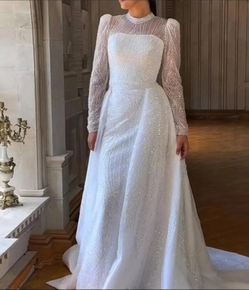 Elegant White Muslim Lace Wedding Dresses Long Sleeve HIGH Neck Shoulder Pad Evening Gowns Sheer See Through Islamic Dress Bride As Picture