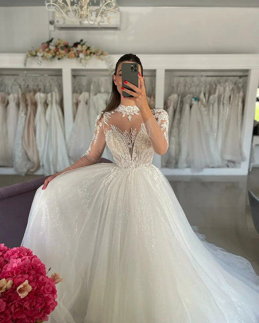 Abiti da sposa sirena a maniche lunghe 2023 Nuovo colletto alto squisito Appliques in pizzo Eleganti abiti da sposa fluttuanti