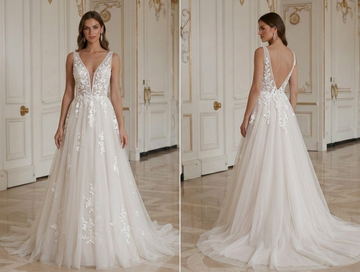 Vestido de Casamento A-Line com Decote Profundo em V, Sem Mangas para Noiva