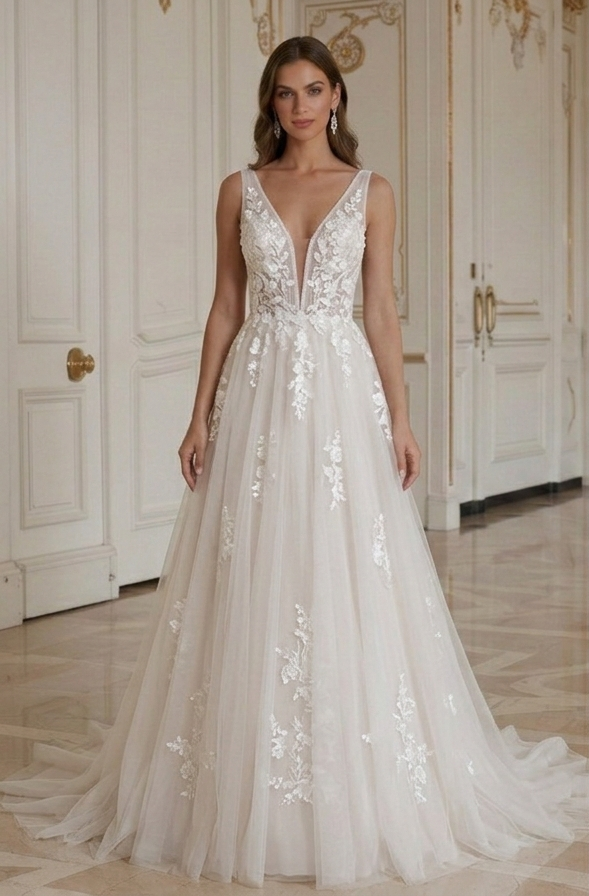 A-Line Wedding Dress Deep V-Neck Sleeveless Bridal
