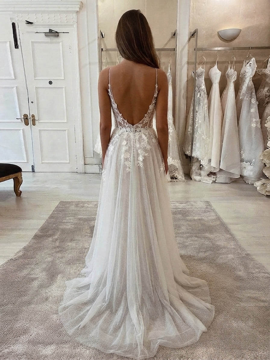 Boho Wedding Dress A Line Lace Spaghetti Strap Bride Dress Side Split Long Beach Wedding Gown For Women all ivory Boho
