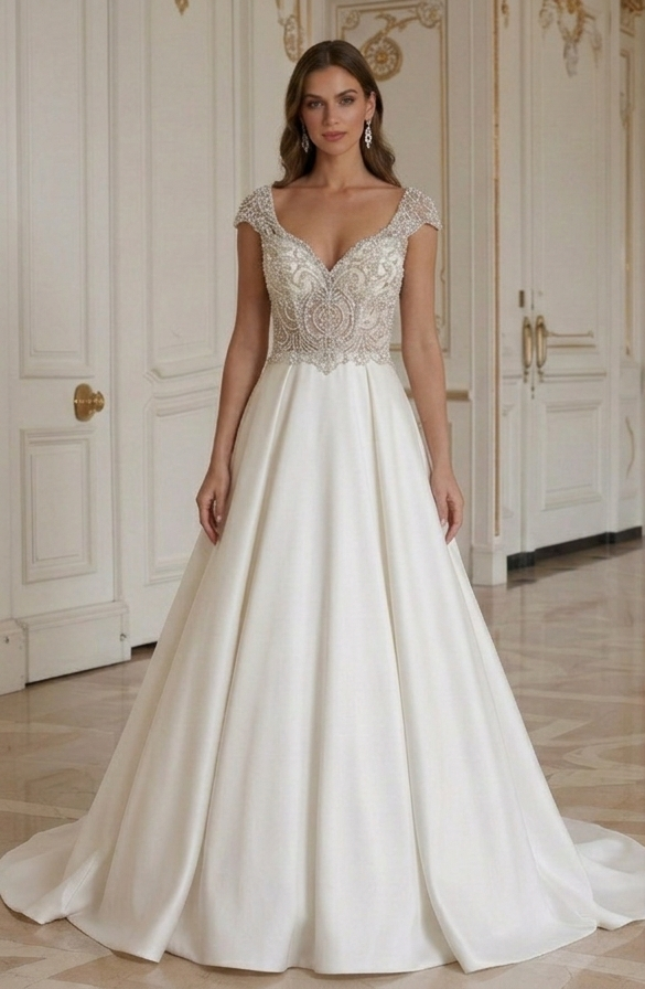Luxury A-Line Wedding Dress Beaded Bodice Glam Bridal