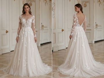 Boho A-Line Wedding Dress Floral Lace Romantic Bridal