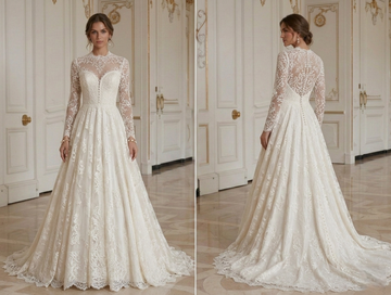 Robe de mariée vintage ligne A, dentelle, manches longues, intemporelle