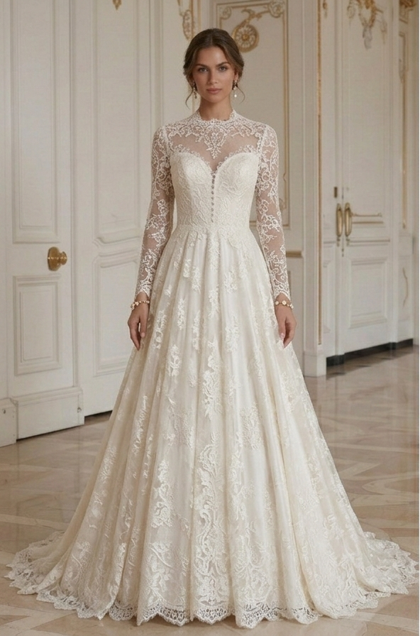 Vintage A-Line Wedding Dress Lace Long Sleeve Timeless Bridal