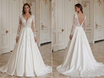 Gaun Pernikahan A-Line Renda Lengan Panjang Gaun Pengantin Elegan