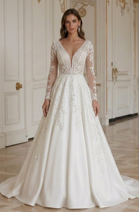 A-Line Wedding Dress Lace Long Sleeve Elegant Bridal Gown