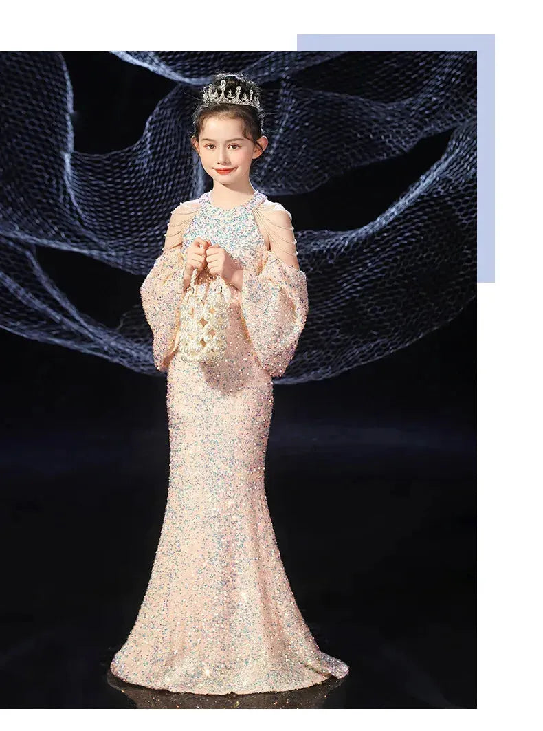 Girl Child Dress For Wedding Princess Kids Birthday Dress Beadings Long Ceremonial Dresses robe princesse enfant fille