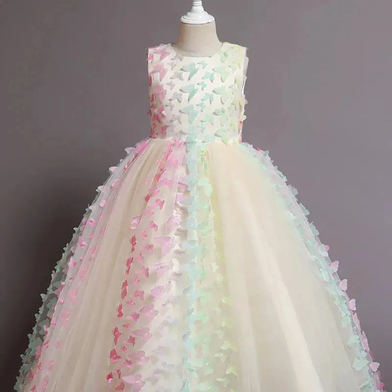 Girls Butterfly Wedding Long Quality Dress Lace Party Tulle Princess Birthday Dress First Communion Gown for Girls Off white