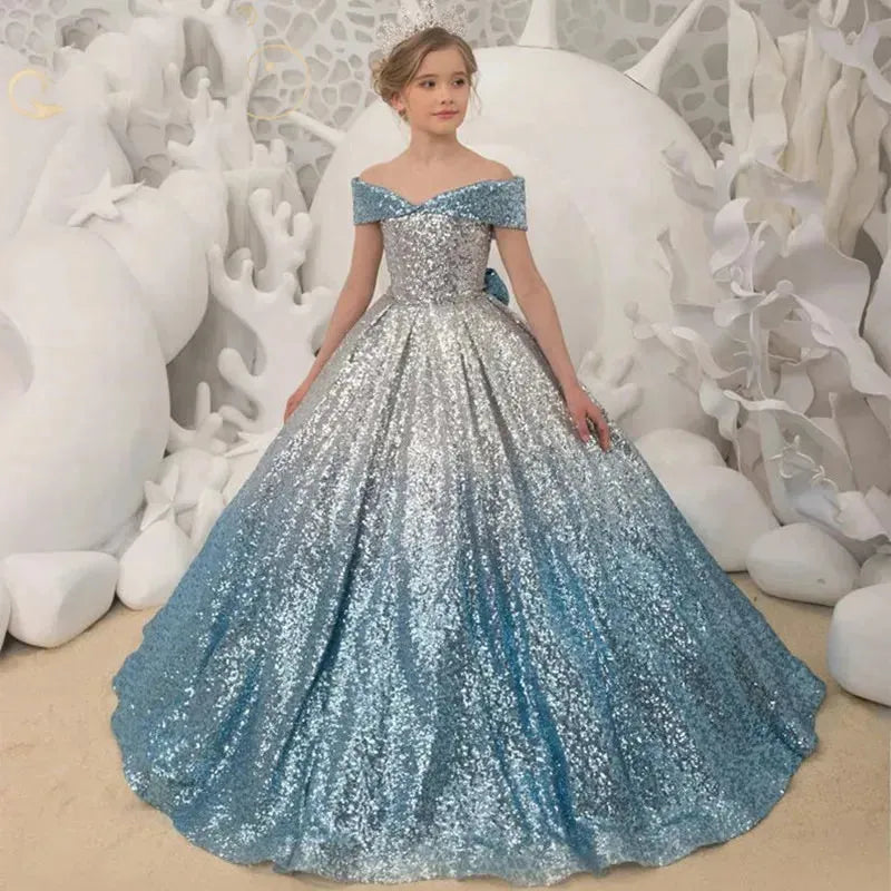 Girls First Communion Dress Children Pageant Ball Gown Girl Glitter Wedding Sequins Dresses for Kids Piano Performance Vestidos