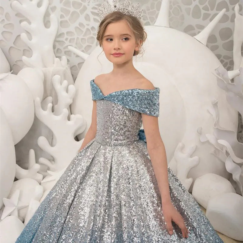 Girls First Communion Dress Children Pageant Ball Gown Girl Glitter Wedding Sequins Dresses for Kids Piano Performance Vestidos Sarah Houston