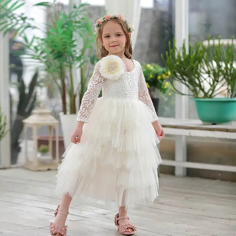 Girls Lace Dress Flower Tiered Tulle Maxi Dress Long Sleeve Princess For Wedding Party Children Clothes 1-10Y E17104 Sarah Houston