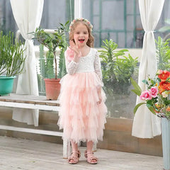 Girls Lace Dress Flower Tiered Tulle Maxi Dress Long Sleeve Princess For Wedding Party Children Clothes 1-10Y E17104 Sarah Houston