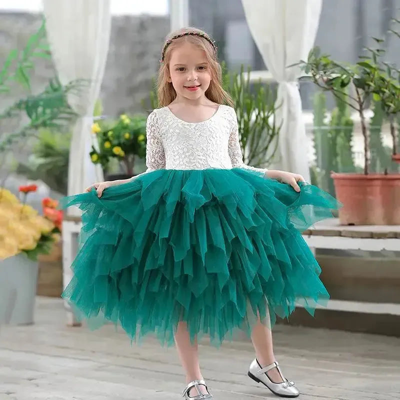 Girls Lace Dress Flower Tiered Tulle Maxi Dress Long Sleeve Princess For Wedding Party Children Clothes 1-10Y E17104