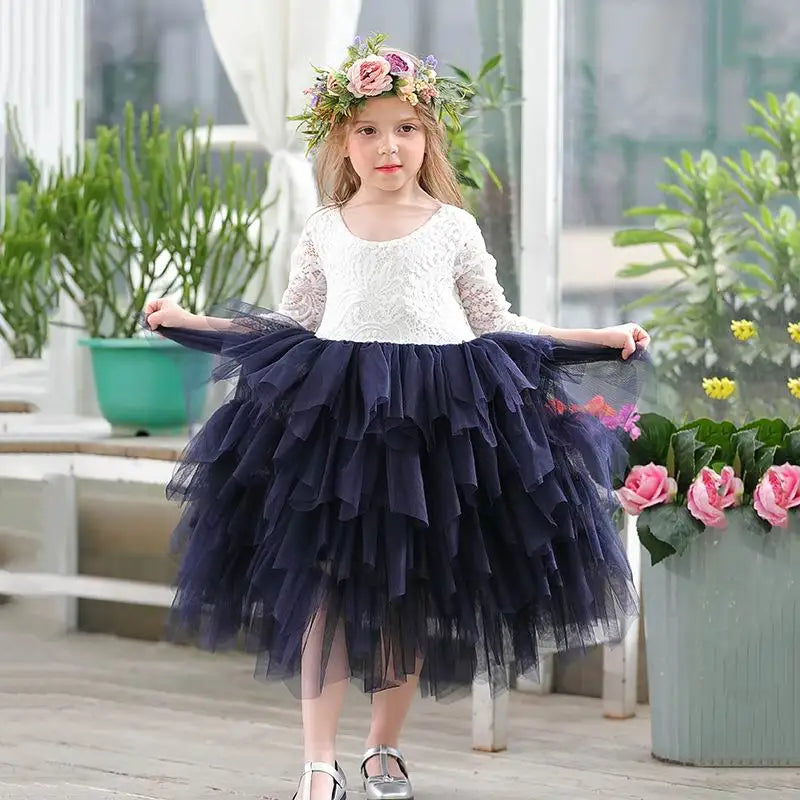 Girls Lace Dress Flower Tiered Tulle Maxi Dress Long Sleeve Princess For Wedding Party Children Clothes 1-10Y E17104 Sarah Houston