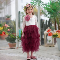 Girls Lace Dress Flower Tiered Tulle Maxi Dress Long Sleeve Princess For Wedding Party Children Clothes 1-10Y E17104 Sarah Houston