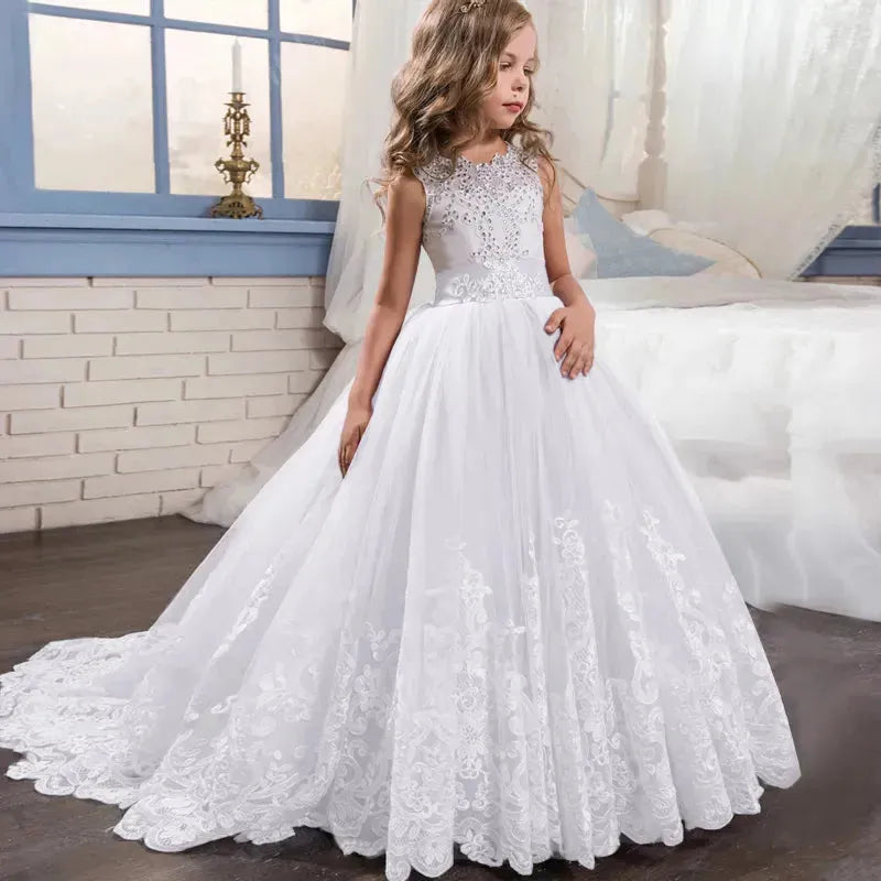 Girls Lace Long Tailing Bridesmaid Kids Dresses for Teens Girls Elegant White Party Dress Kids Evening Wedding Formal Prom Gown White 1