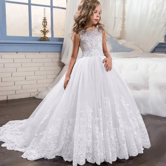 Girls Lace Long Tailing Bridesmaid Kids Dresses for Teens Girls Elegant White Party Dress Kids Evening Wedding Formal Prom Gown Sarah Houston