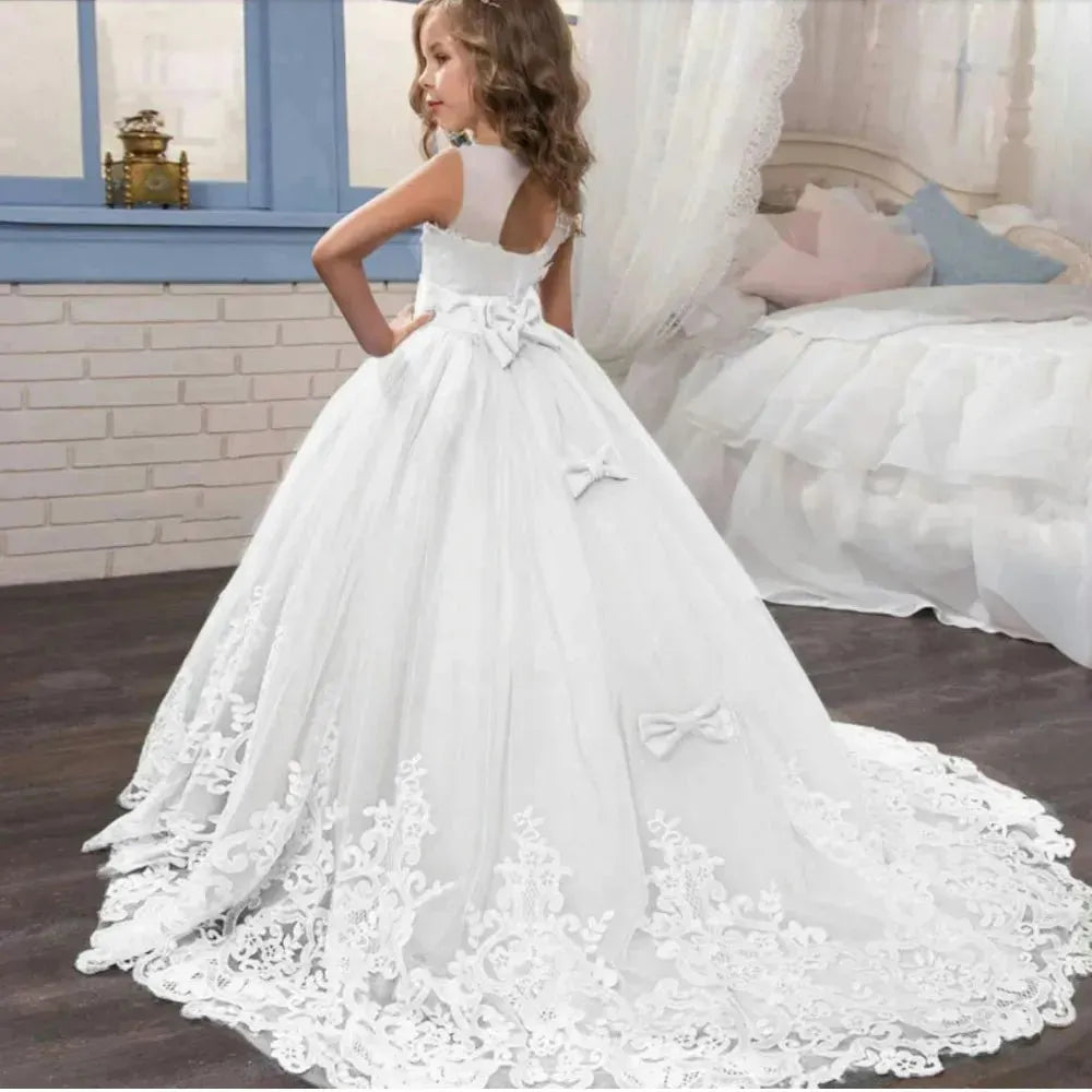 Girls Lace Long Tailing Bridesmaid Kids Dresses for Teens Girls Elegant White Party Dress Kids Evening Wedding Formal Prom Gown White 1