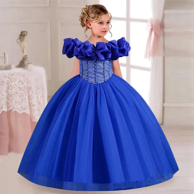 Girls' Pearl Sequin Princess Dress 4-12 Fashion Off Shoulder Bunny Dress Banquet High end Lacing Evening Dress as picture