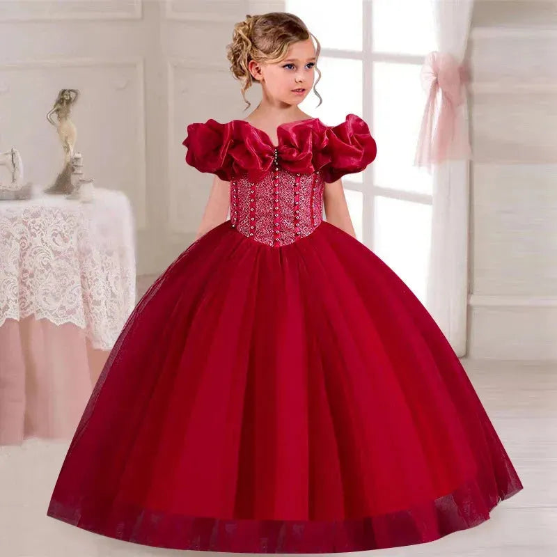 Girls' Pearl Sequin Princess Dress 4-12 Fashion Off Shoulder Bunny Dress Banquet High end Lacing Evening Dress as picture