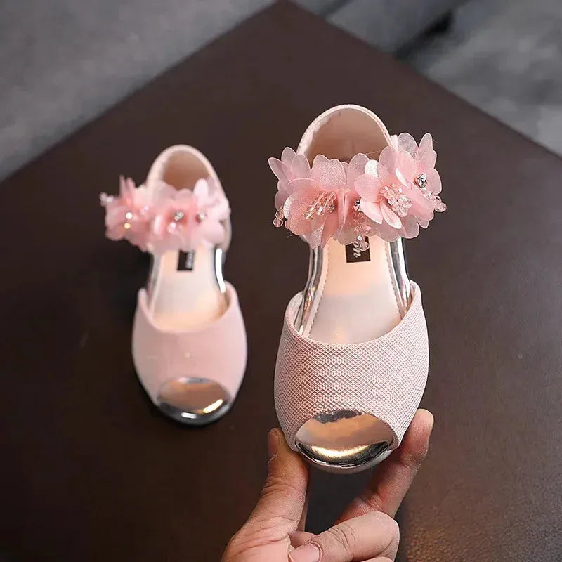 Girls Rhinestone Flower Shoes Low Heel Flower Wedding Party