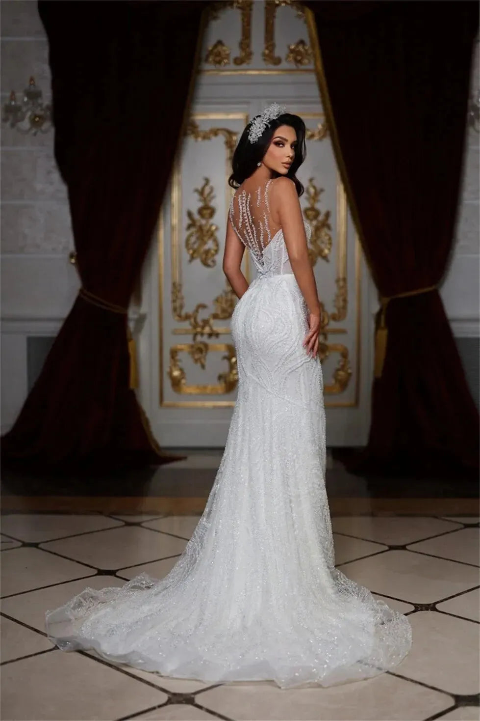 Luxury Appliques Beadings Wedding Dresses Sexy Deep V Neck Mermaid Bridal Gown Romantic Vestidos De Novia With Detachable Train