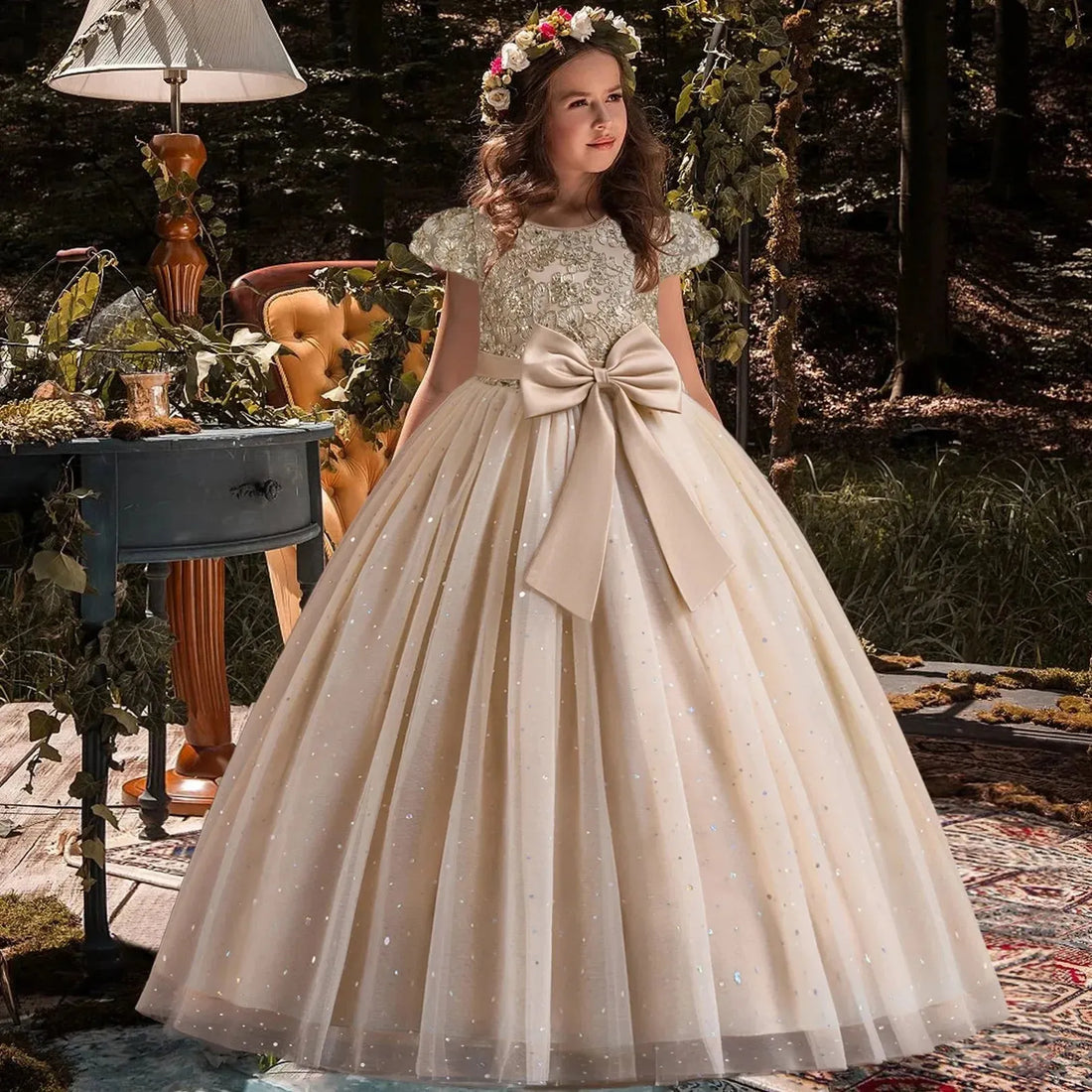 Gold Vintage Elegant Girls Party Dresses Wedding Birthday Long Gown Embroidery Kids Graducation Gala Princess Dress for Girls Champagne