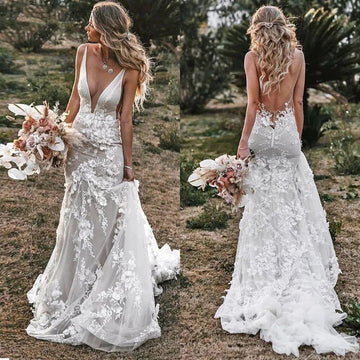 Vestidos de novia de sirena vintage con cuello en V y espalda descubierta Apliques de encaje flores 3D vestido de novia de estilo campestre de talla grande hecho a medida 