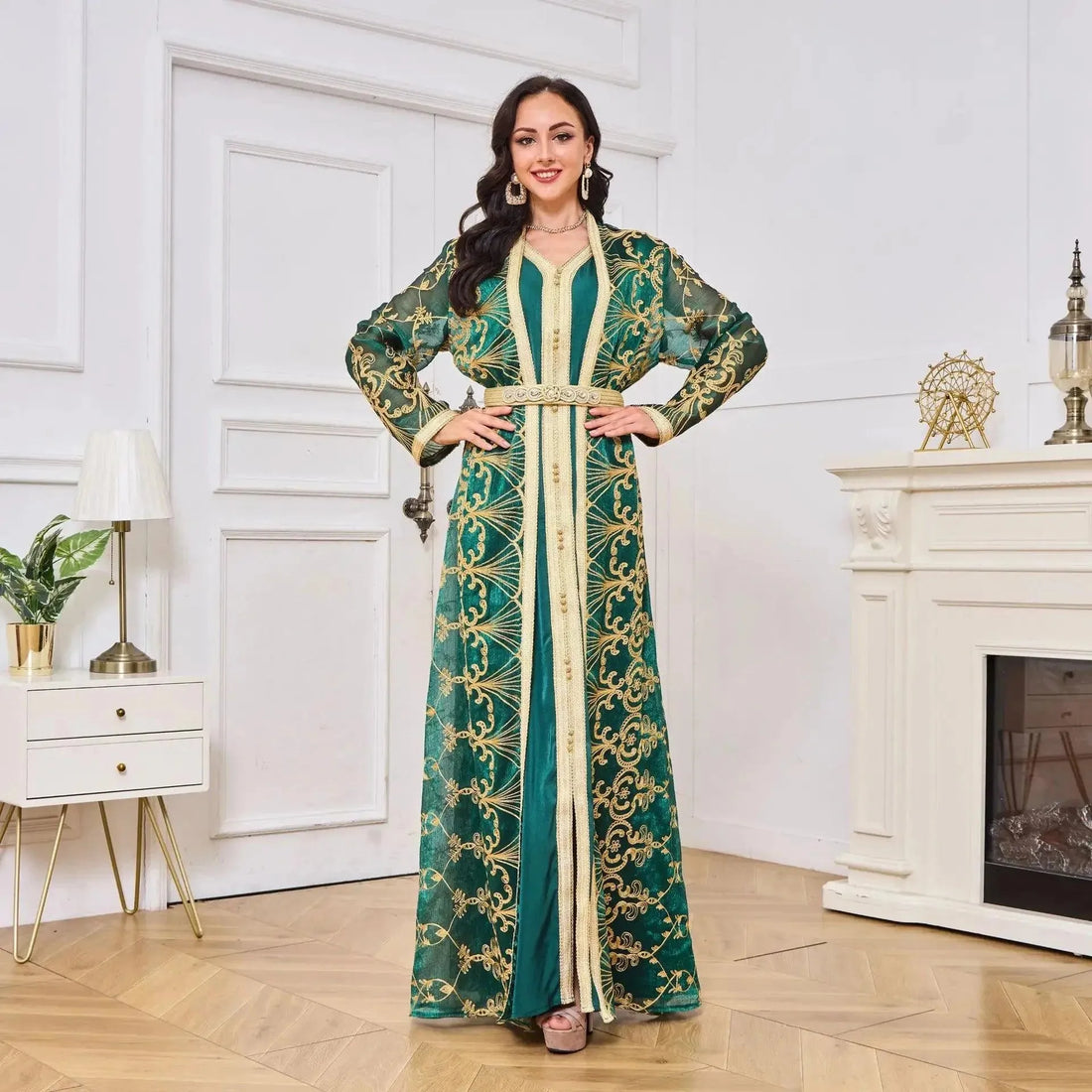 Moroccan Abaya Woman Muslim Dubai Luxury Mesh Belt Embroidery Kaftans 2 Piece Suit Islamic Long Dresses Dark Green Abaya