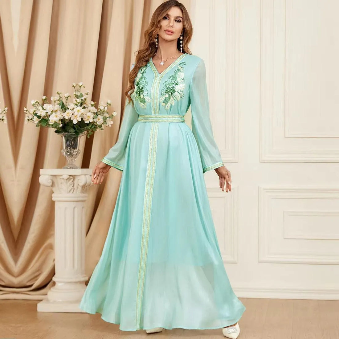African Dubai Islamic Dress For Woman Evening Party Chic Sequins Full Sleeve V-Neck Belted Gown Jalabiya Moroccan Abaya Light Green Dress